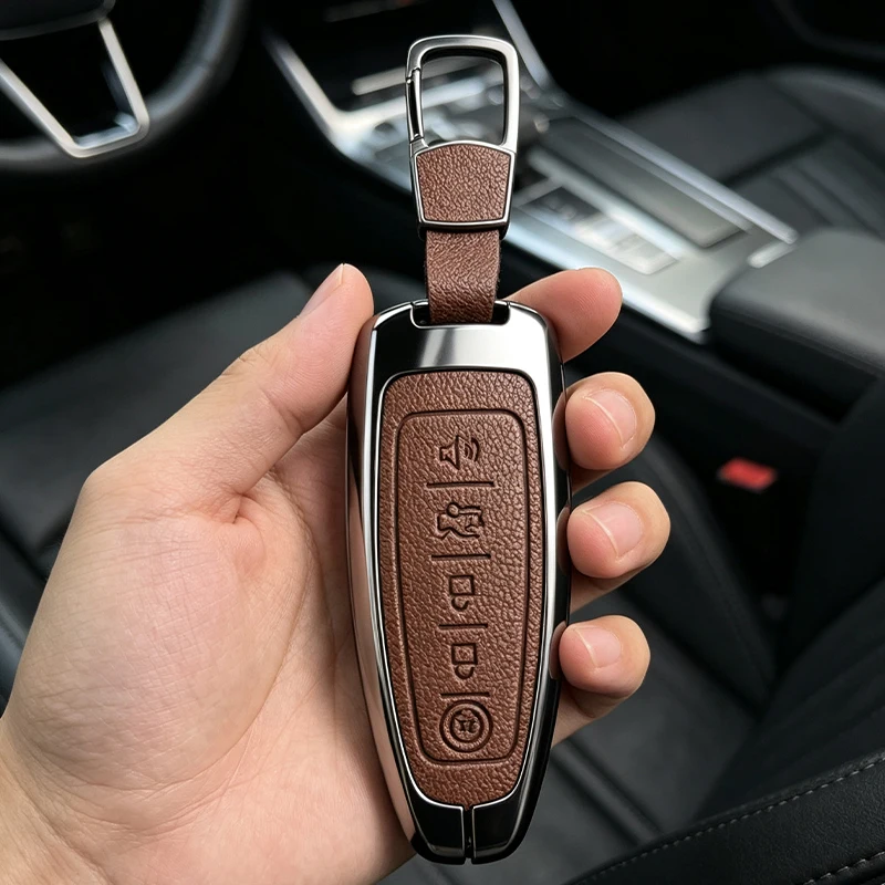 Metal Leather Car Key Case Cover For Ford Edge Explorer Escape Focus Taurus Flex for Lincoln MKS MKT MKX MKZ Navigator Shell