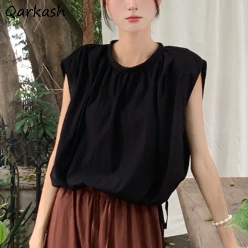 

Блузки без рукавов, женская одежда, мешковатые винтажные однотонные блузки для отпуска, летняя повседневная уличная одежда в стиле Харадзюку, универсальная женская повседневная новинка