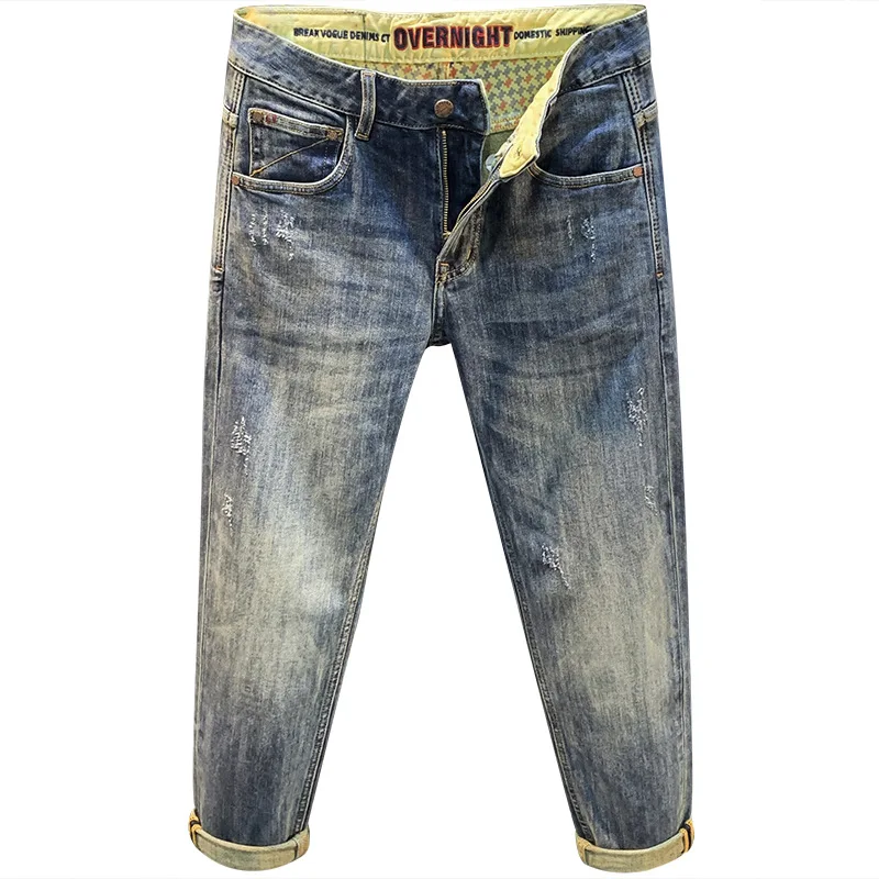 سراويل الرجال الكاجوال المتعثرة ، الجينز الفاخر ، سراويل الجينز الضيقة ، الجينز الخفيف ، موضة الشارع ، الخريف ، من نوع قديم