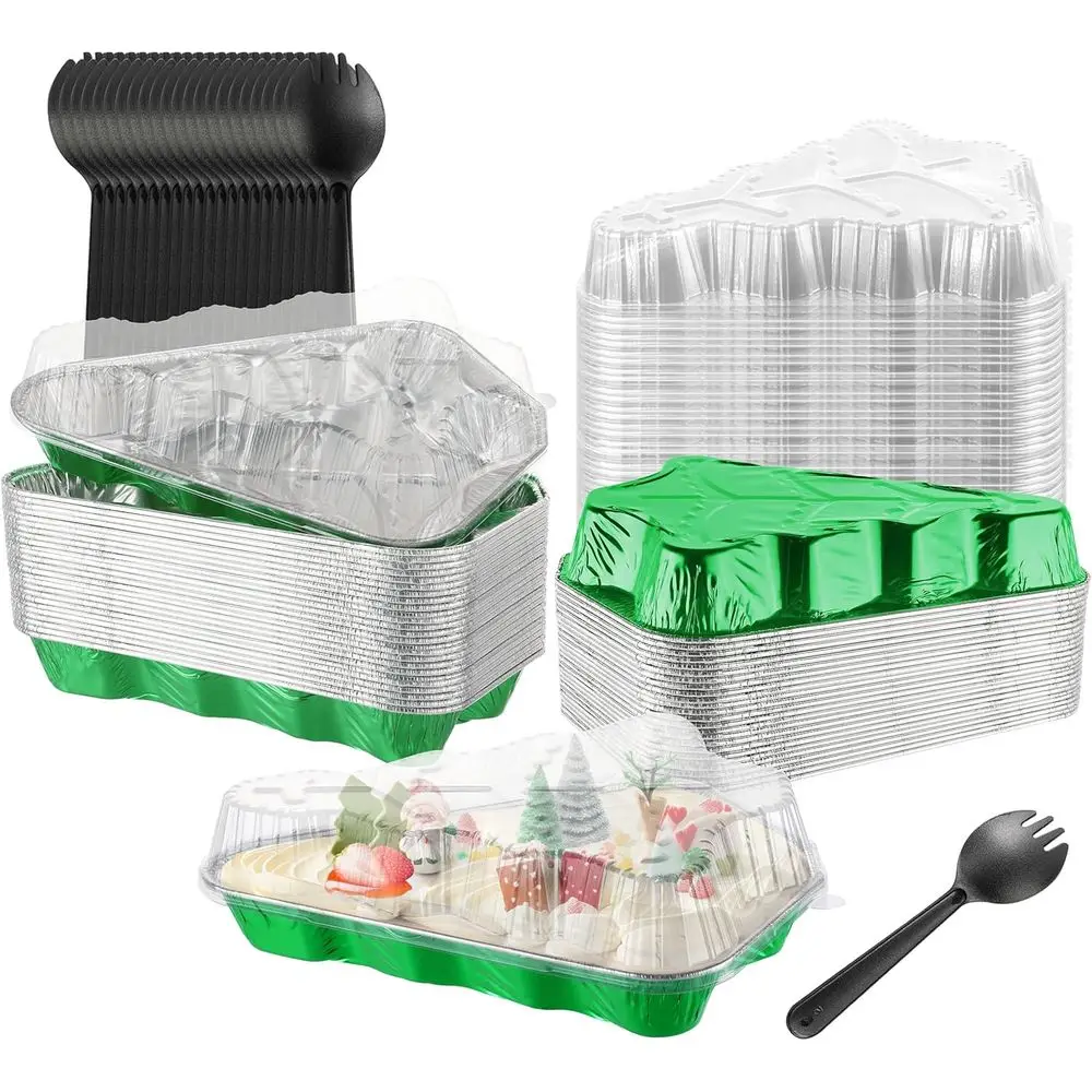 Juego de 25 mini moldes para tartas verdes con tapas, moldes para hornear de papel de aluminio de 39 oz, aluminio desechable para hornear festivo