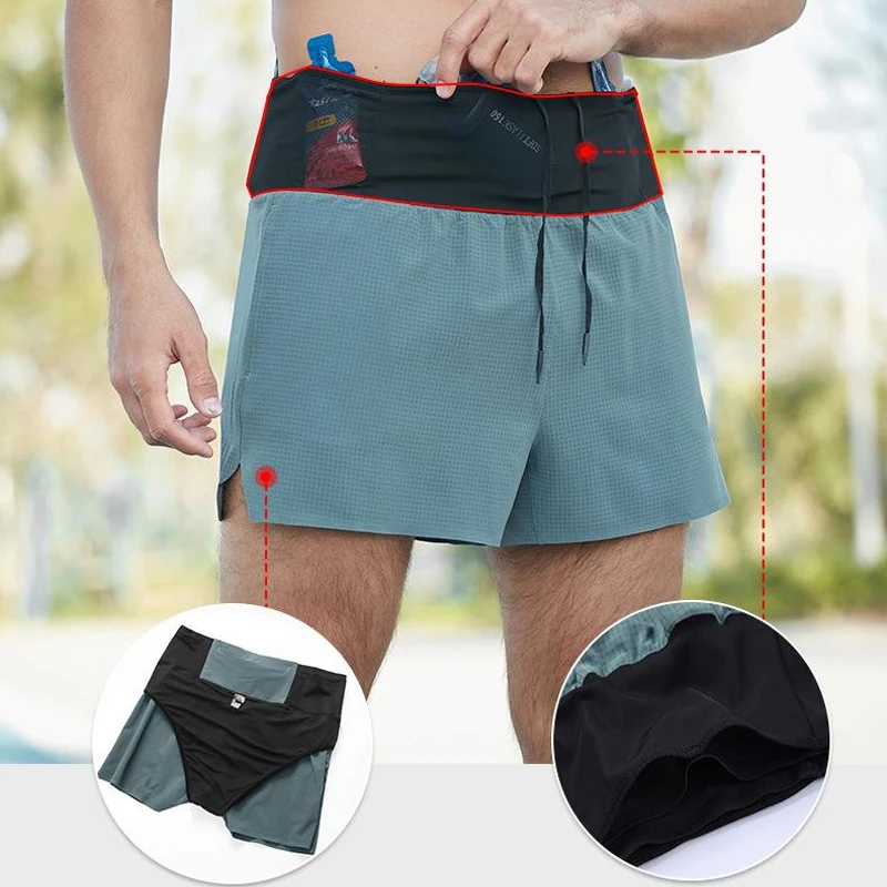 Men Running Shorts Marathon Lightweigt Quick Dry Double Layer Sport Shorts With Fanny Pack Multi-Pockets Workout Jogging Bottoms