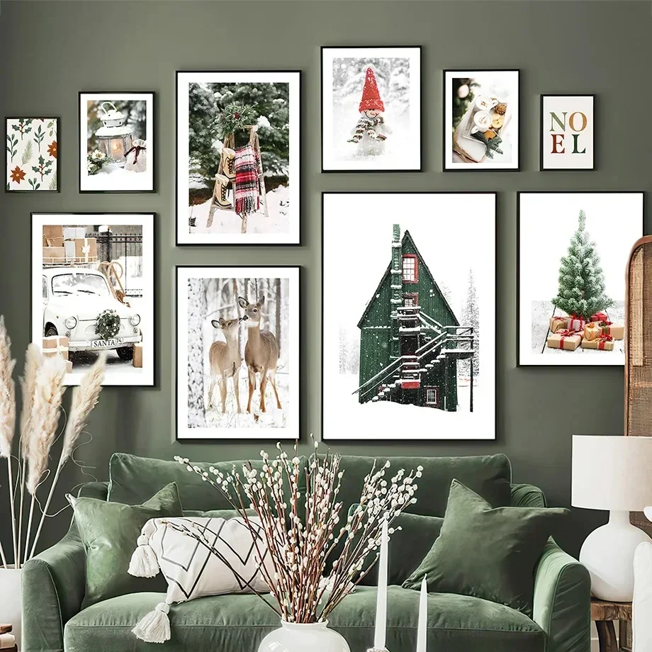 Snow Pine Tree Gift House Car Deer Snowman Christmas Poster Decor Wall Art Prints Canvas Painting Pictures For Living Room Decor