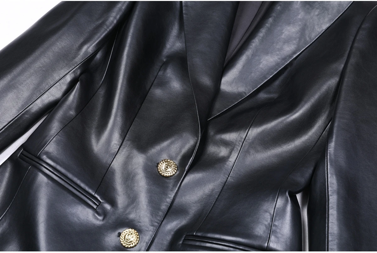 Jaqueta de Couro de Alta Qualidade para Outono/Inverno, Slim Fit, com Dois Botões, Casaco Elegante para Mulheres de Negócios