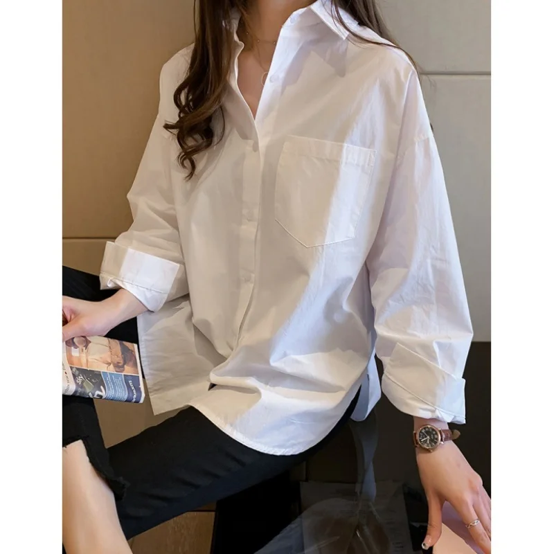 Autumn Long Sleeve White Women Shirt Fashion Loose Blouse Office Lady Elegant Cotton Tops