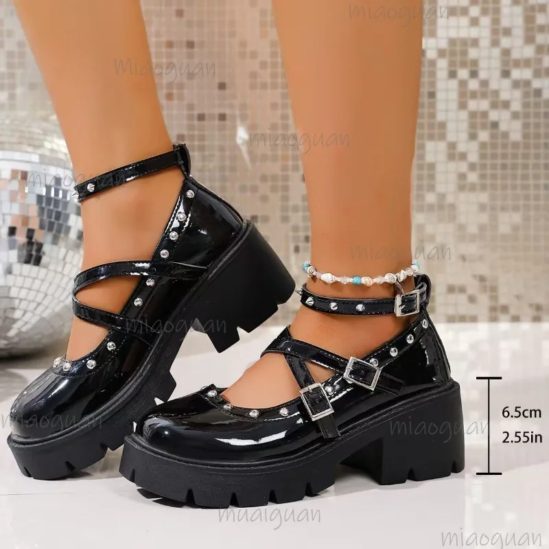 

Round Toe Rivet High Heel Pumps Women's New Cross Straps Mary Jane Shoes Black Leather Anti-slip Punk Zapatos De Mujer Size35-43