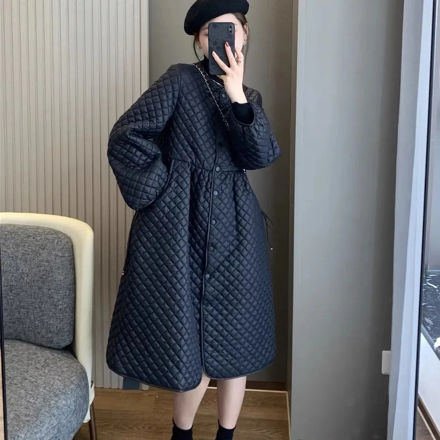 Women\'s Cotton Coat Retro Rhombus Grid Loose And Light Quilted Cotton Winter Outerwear Mid-Length Warm Cotton Windbreaker Dress