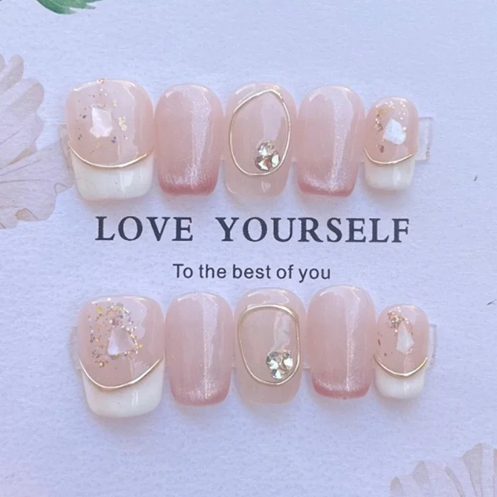 10Pcs Cute Short Square Oval Full Cover False Nails Hand-Painted Flower Gradients Cat Eyes Pearl Wearable Artificial False Nails