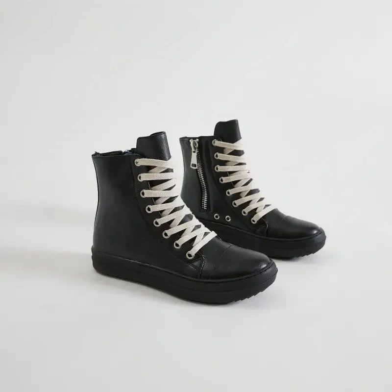 العلامة التجارية خمر تصميم الرجال حذاء من الجلد النساء عالية أعلى أحذية منصة الدانتيل يصل المدرب عادية جلد أسود المدربين أحذية رياضية الإناث #1