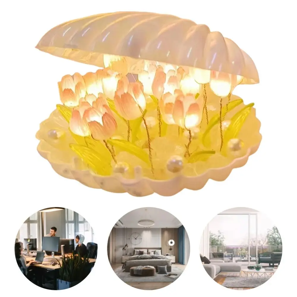 Battery Powered DIY Ceramics Shell Tulip Night Light 20 Flowers Shell Tulip Shape Tulip Atmosphere Lights Simulation Flower