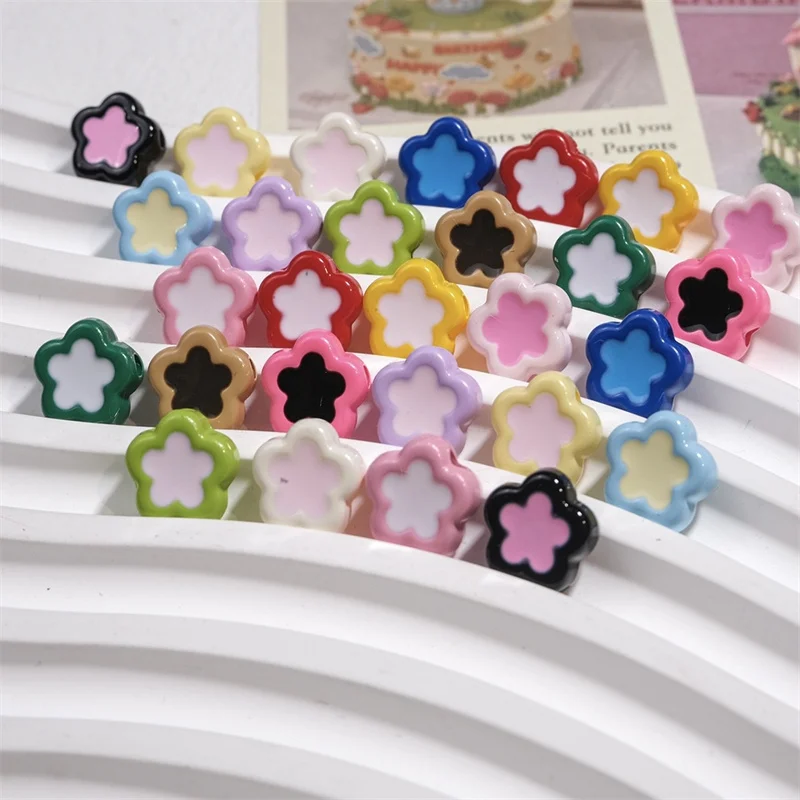 무료 배송 100 개/몫 컬러 드롭 오일 만화 꽃 모양 아크릴 스트레이트 홀 비즈 diy 쥬얼리 의류 액세서리