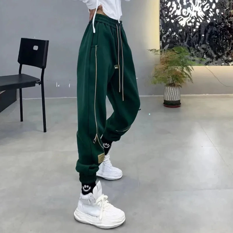 2024 Women's Autumn New Spliced Elasticized High-waisted Pocket Fashion Solid Casual Bundle Foot Loose Drawstring Haren Pants