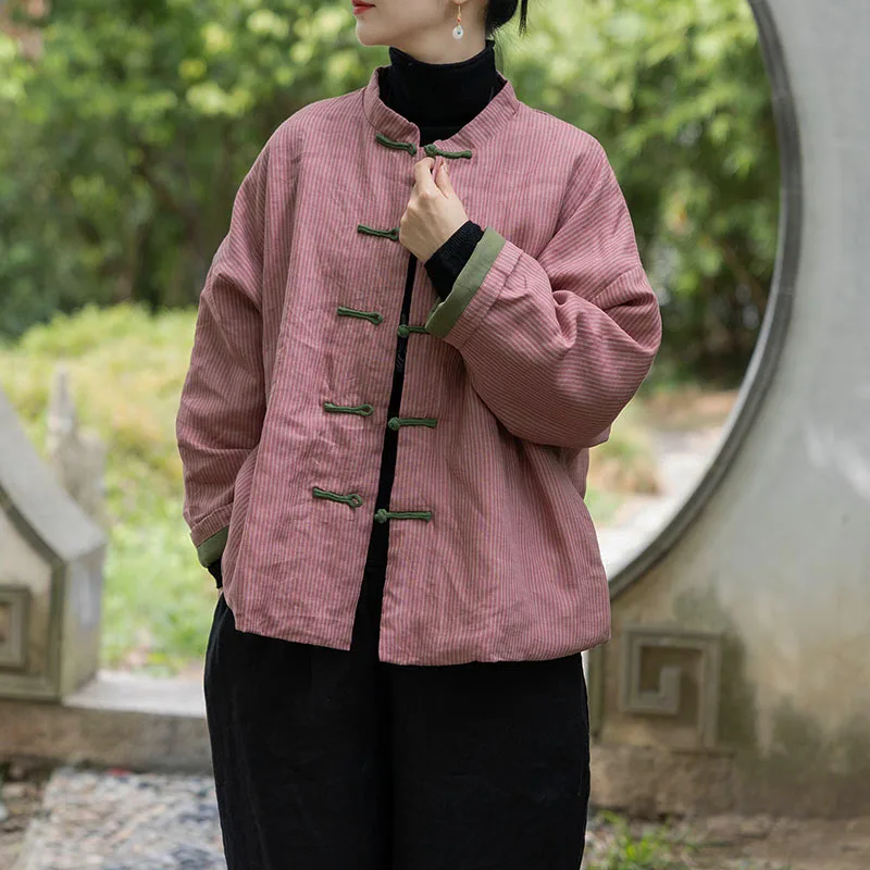 

High-Grade Yarn-Dyed Linen Vintage Striped Cotton-Padded Jacket Women's Autumn/Winter Lightweight Tray Button Down Cotton Short