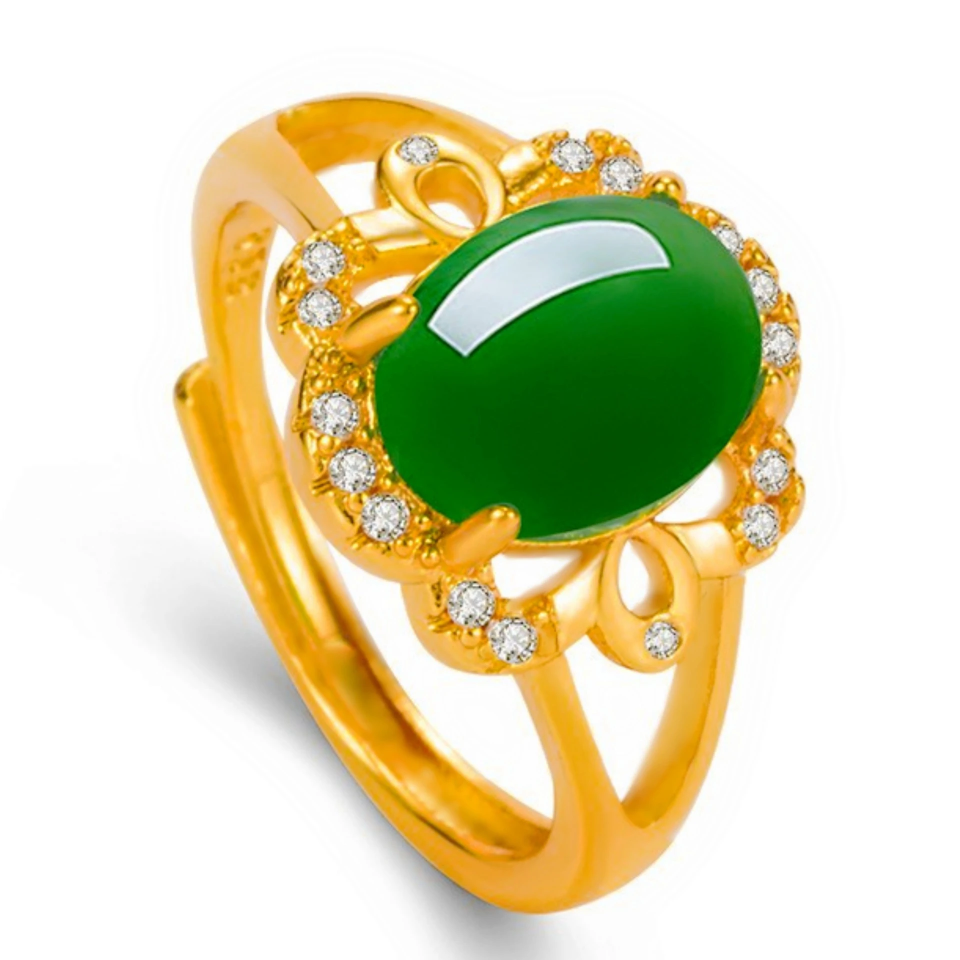 

14K Pure Gold Color Hotan Jade Zircon Ring Glossy Adjustable Live Rings for Women Bride Wedding Fine Jewelry Gifts Not Fade