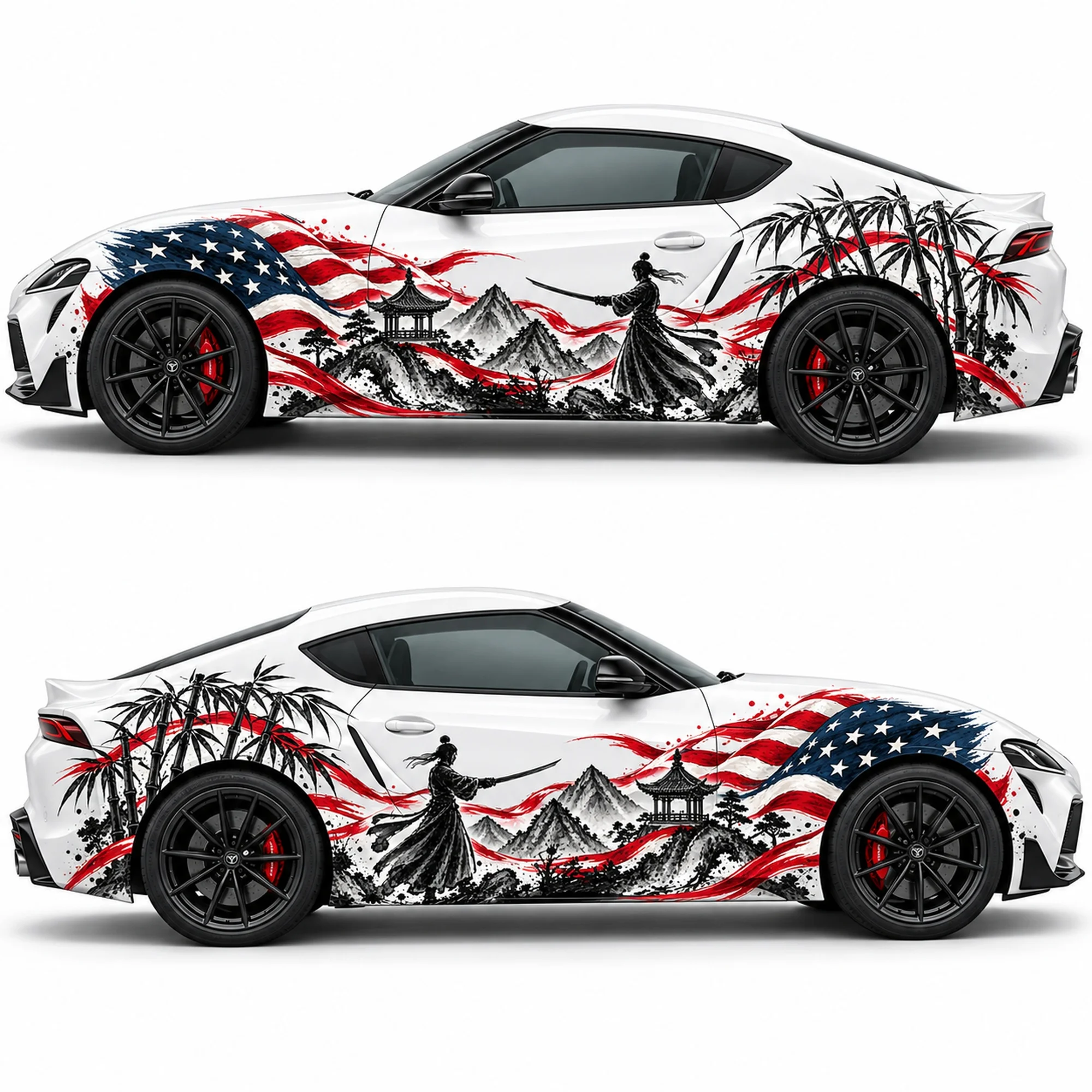 2 PCS American Flag Ink Bamboo Swordsman Car Side Decals, Die-Cut Vinyl Sticker Set