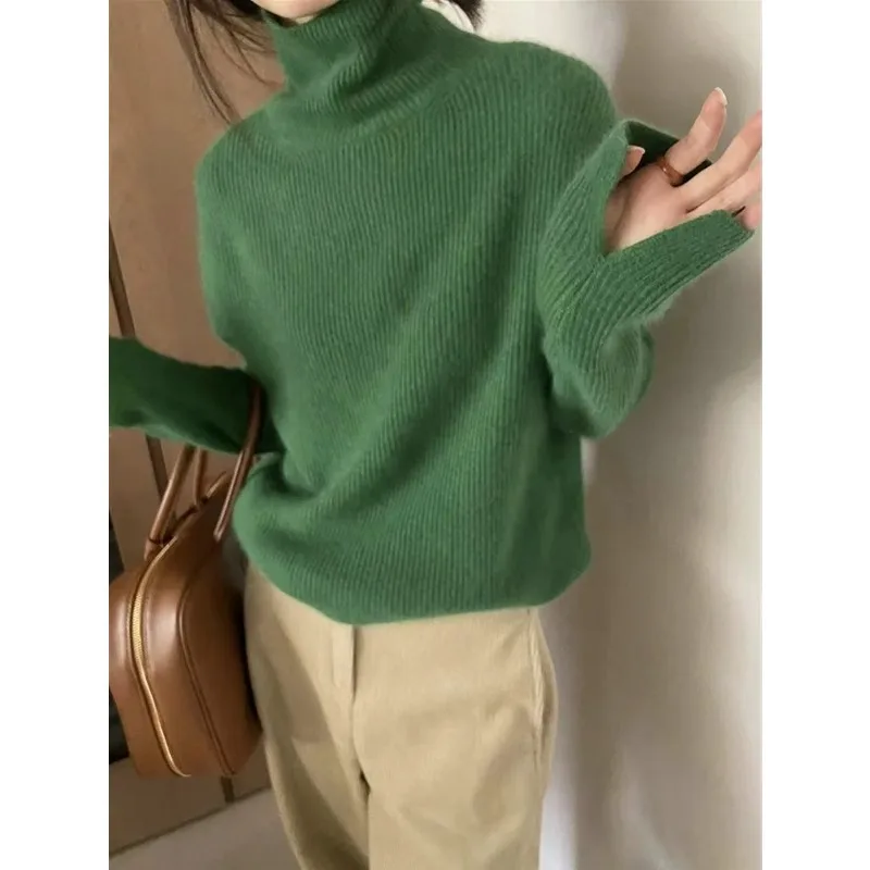 Sweater wanita rajut kasmir turtleneck tebal, atasan dasar wol murni sweater leher tumpuk longgar musim gugur dan musim dingin 100%