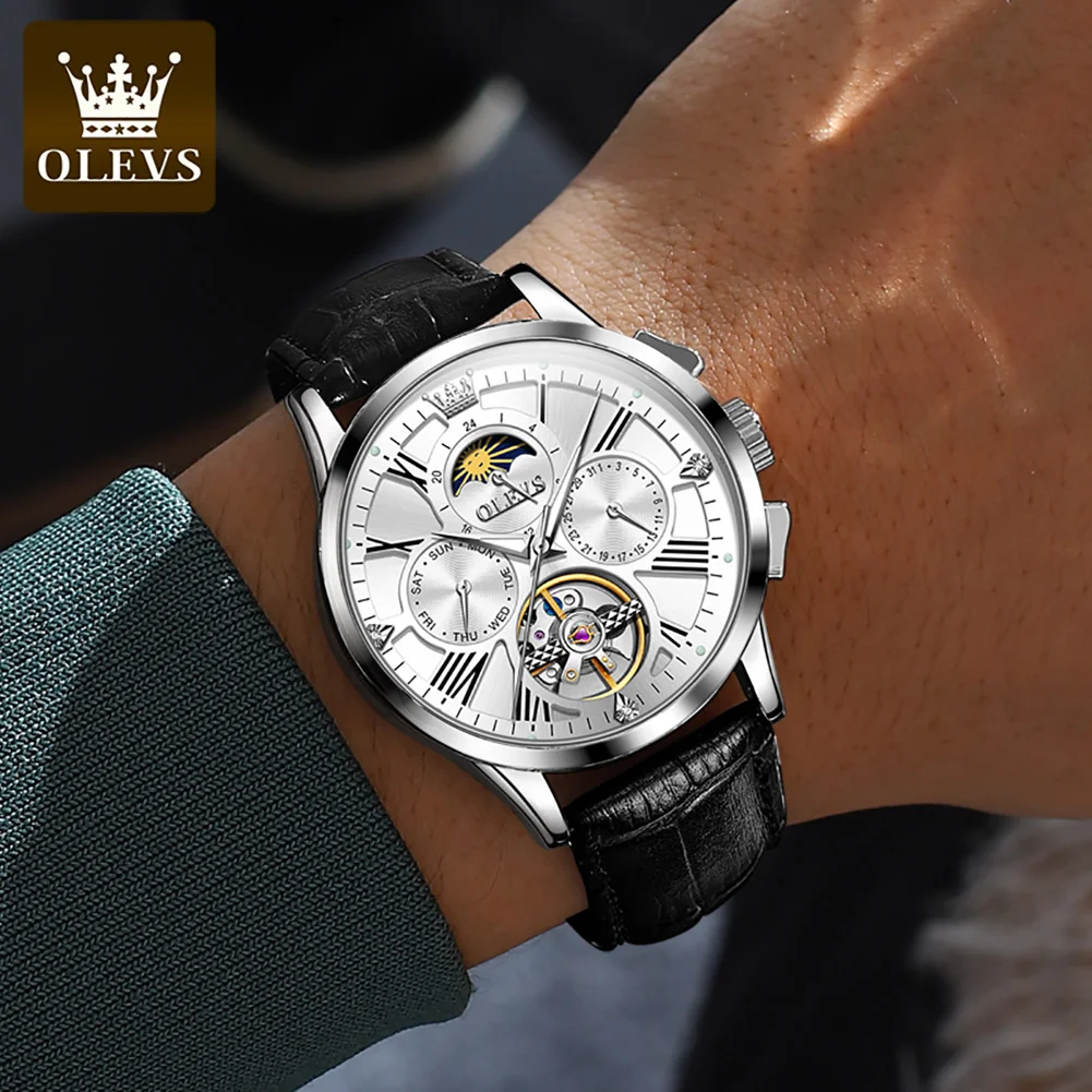 OLEVS Wristwatch for Men Automatic Mechanical Watch Leather strap Waterproof Skeleton Male Watch Horloges Reloj Hombre 9912