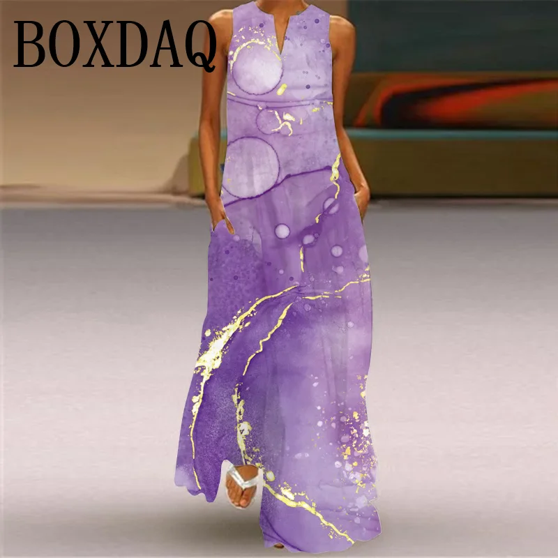 Women\'s Retro Peacock 3D Print Long Dress Casual V-Neck Loose Sexy Sleeveless Pocket Dress Summer Maxi Dress Robe Femme Sundress