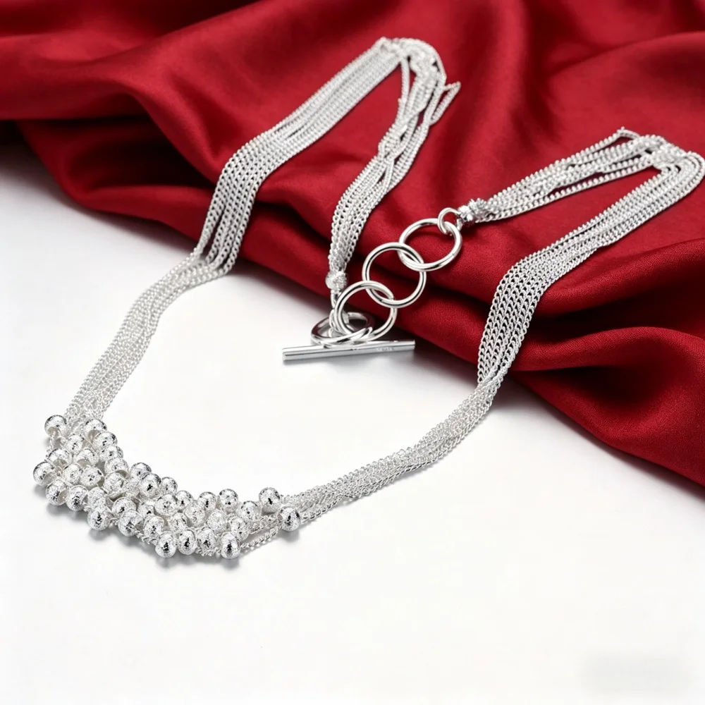 6-Strand 925 Sterling Silver Ball Bead Necklace for Women - Polished/Matte Multi Layer Choker Statement Jewelry Gift