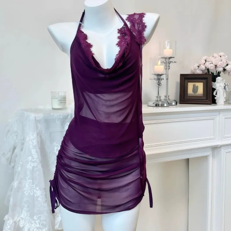 

Sexy Lace V Neck Lingerie Dresses Women Night Dress Purple Sleepwear Mesh Sleeveless Night Gown Nightdress Homewear Clothing