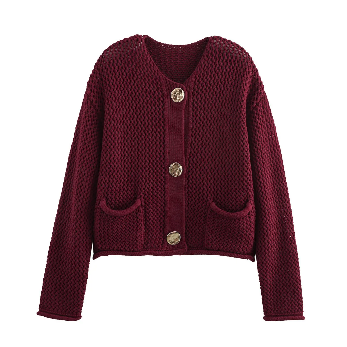 2024 Female Casual Cardigan Sweater Coat 2 Pockets Wine Red Solid Metal Button Knitted Sweater Woman Autumn Trends Street