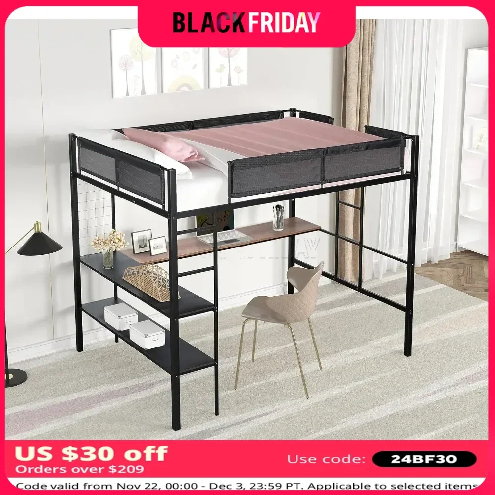 Bunk Beds Full Size Loft Bed, Desk & Shelves/Sturdy Metal Bed Frame/Noise-Free Wood Slats/Comfortable Bunk Beds