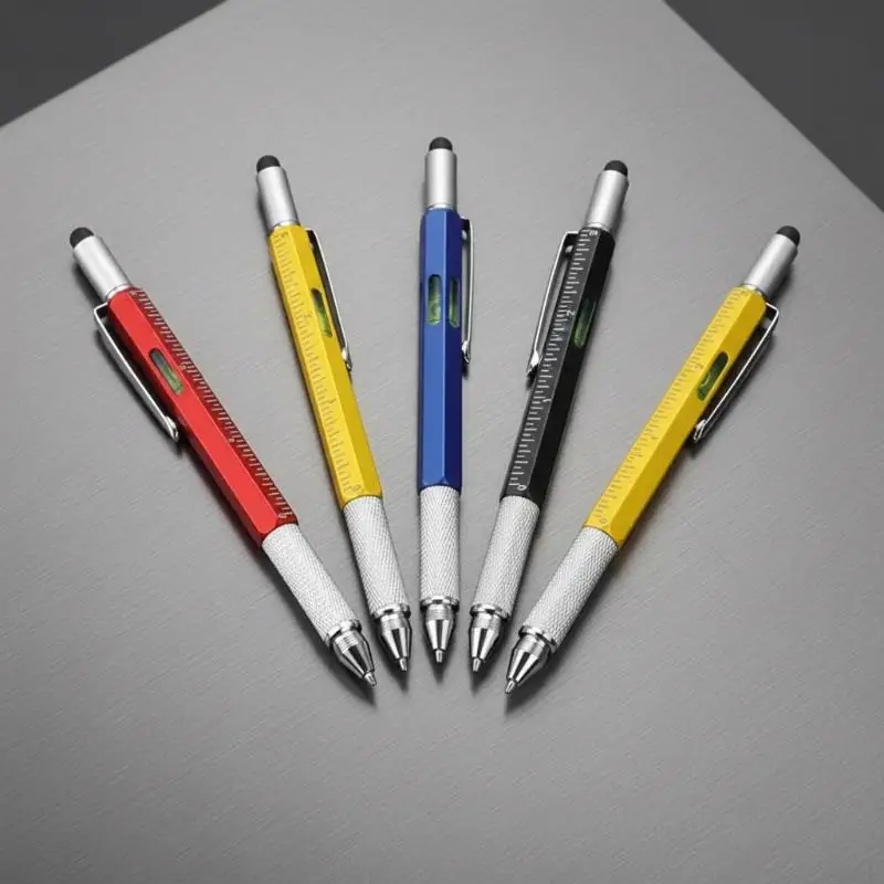 Portable 6 in 1 Multifunctional Metal Ballpoint Pen with Stylus Ruler Level Screwdriver for College Student Dorm Use