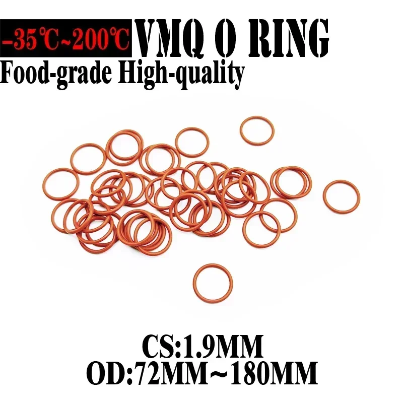 10pcs VMQ O Ring Seal Gasket Thickness CS 1.9mm OD 72~180mm Silicone Rubber Insulated Waterproof Washer Round Shape Nontoxic Red