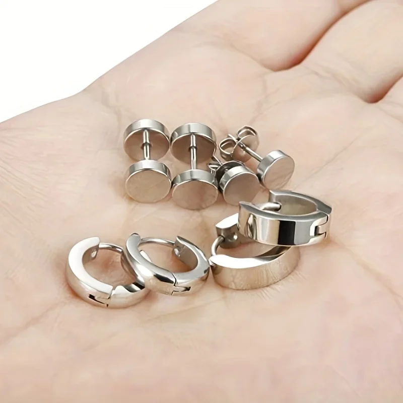 8 Pairs/Set Stainless Steel Hoop Earrings Stud Earrings For Men And Women, Punk Huggie Ear Piercing Earring Set