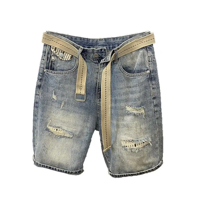 Celana Jeans Pendek Longgar Robek Biru Muda untuk Pria Celana Pendek Denim Pria Setengah Kancing Celana Pendek Populer Harajuku Pakaian Jalanan Xl Tertekan