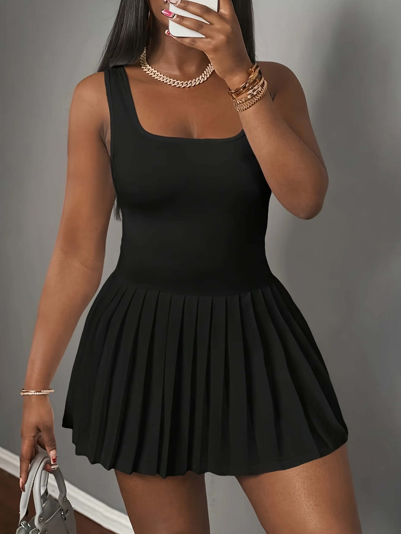 Women's Sexy Casual Square Neck Sleeveless Pleated Skirt Built-in Pants Sporty Dress Fashionable Elegant Women's Wear