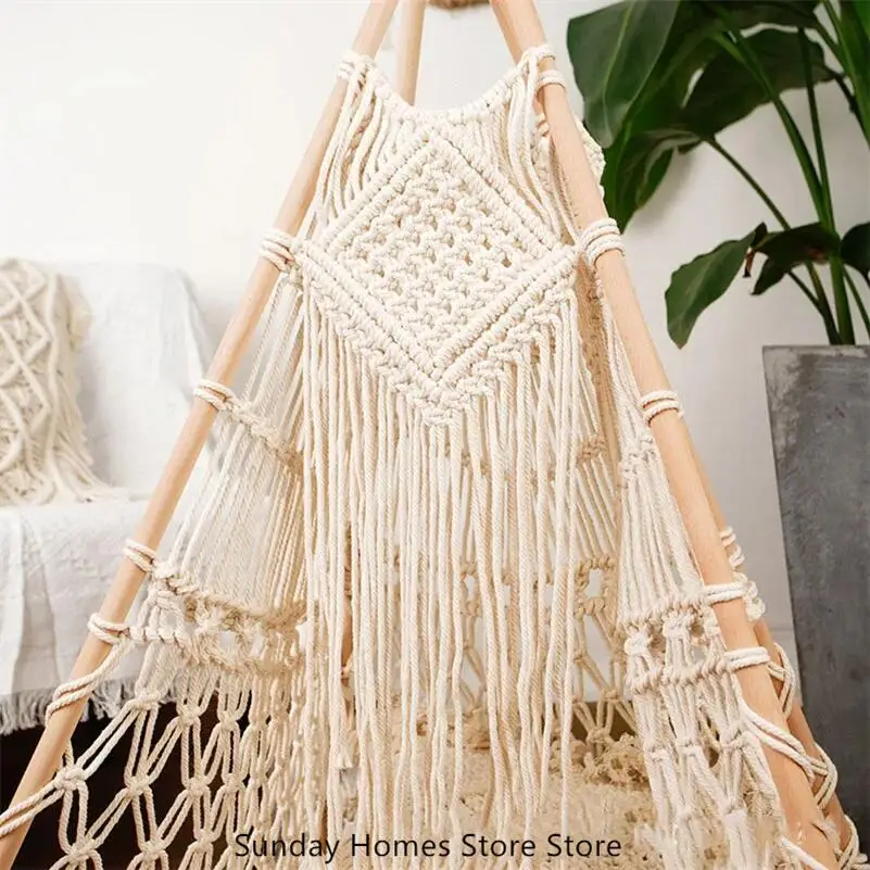 

Hand-woven Macrame Tapestry Tent with Wooden Stick Holder Kids Cotton Rope Net Tent Photography Bohemia Decoration