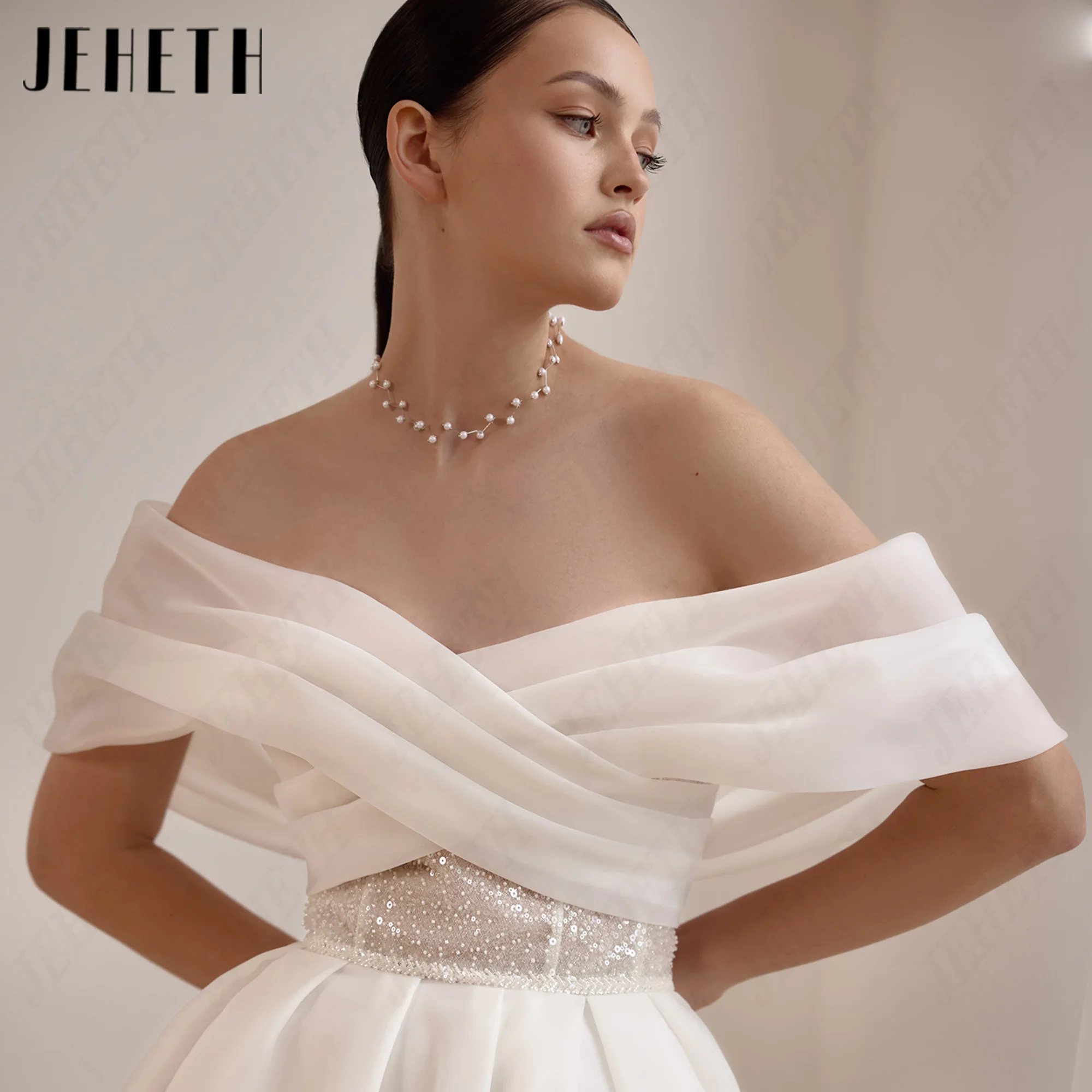 JEHETH High Side Split A-Line Wedding Dress Customized Off the Shoulder Bridal Dresses Modest Organza Bride Gowns Court Train
