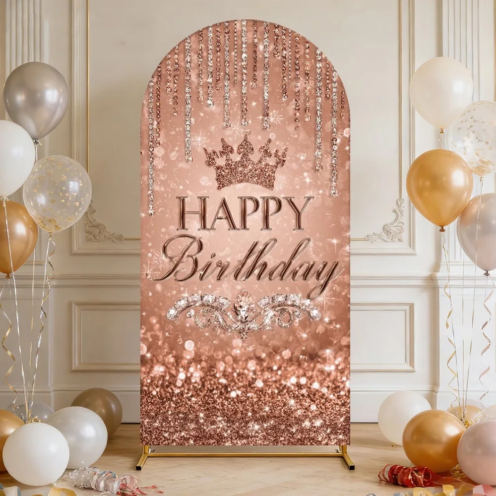 

Custom 2-sided Women Rose Gold Happy Birthday Cake Table Backdrop Bokeh Glitter Crown and Diamond Drips Arched Background
