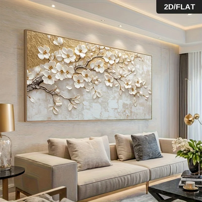 

Frameless Modern Abstract Wall Art White & Golden Floral Canvas Painting for Living Room, Bedroom, Kitchen Decor Bedroom Artwork