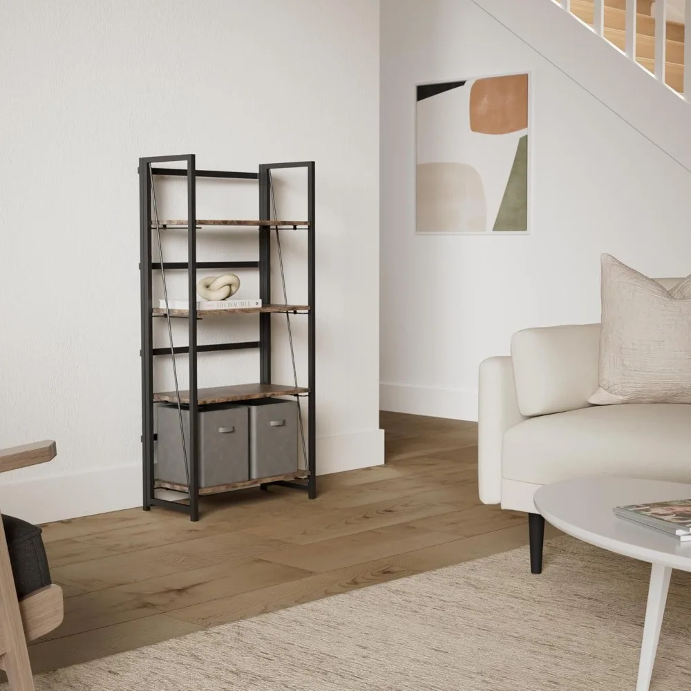 

No-Assembly Folding Bookshelf Storage Shelves,Standing Racks Study Organizer Home Office, 4 Tiers Vintage Bookcase