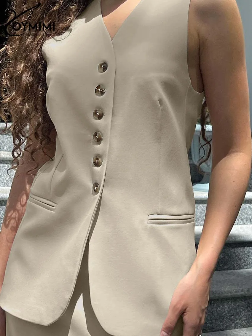 Oymimi Casual Khaki Sets For Women 2 Pieces Elegant V-Neck Sleeveless Button Tank Tops And Simple Solid Slim Straight Skirts Set