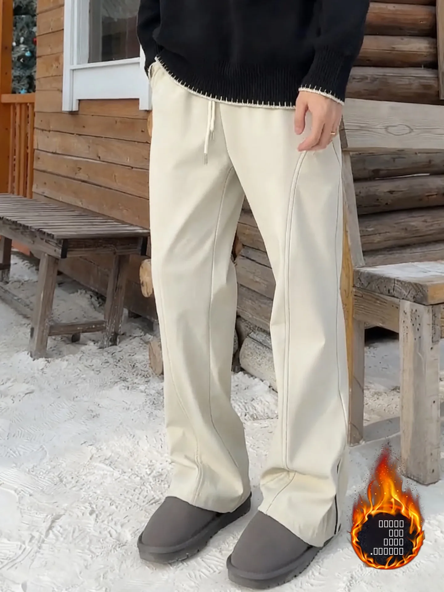 

American Sle Fce Lined Casual Pants Men's Winter Cleanfit Side Zip Straight Leg Micro Flare