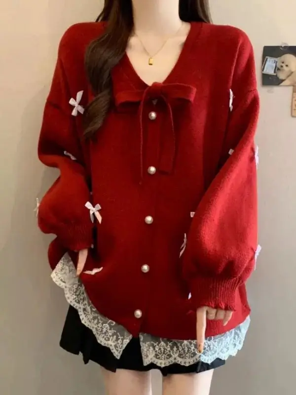 

Свободный вязаный свитер с V-образным вырезом для женщин больших размеров, красный цвет, весна-осень-зима, модный корейский стиль с кружевным дизайном