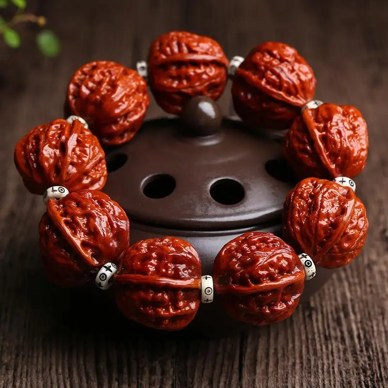 Chinese Style Lucky Blessing Wealth Attracting Machine Brushed Polished Jade Like Walnut Beaded Bracelet 20mm Traditional Wenwan