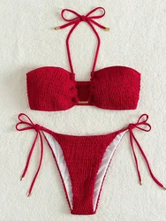 Bikini smock a pieghe laterali con cravatta all'americana Costume da bagno donna a fascia Costume da bagno femminile Costume da bagno bikini a due pezzi Costume da bagno da spiaggia