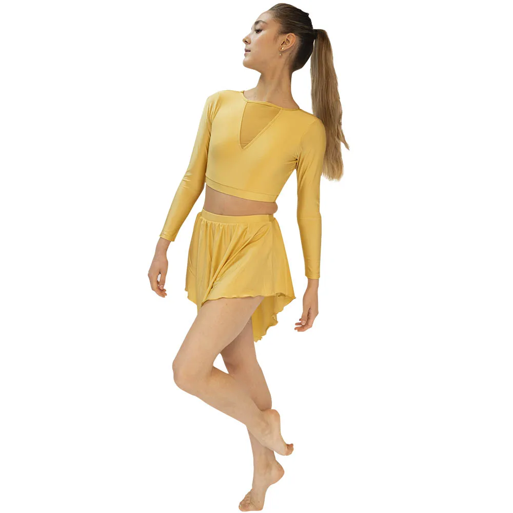 Gold Nylonlycra Long Sleeve Dance Crop Top Mesh Short Skirts Performance Dancewear Sets 13 Colors Children Adult Sizes