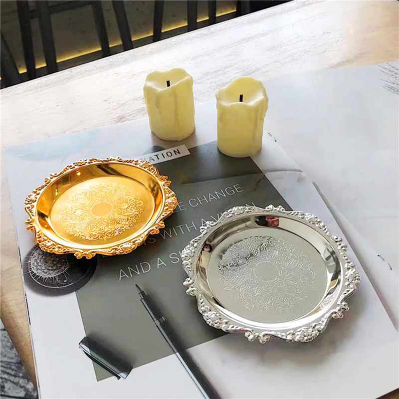 Metal Multi Purpose Tray Round Dessert Cake Plate Snack Fruit Jewelry Storage Tray Home Living Room Table Decor