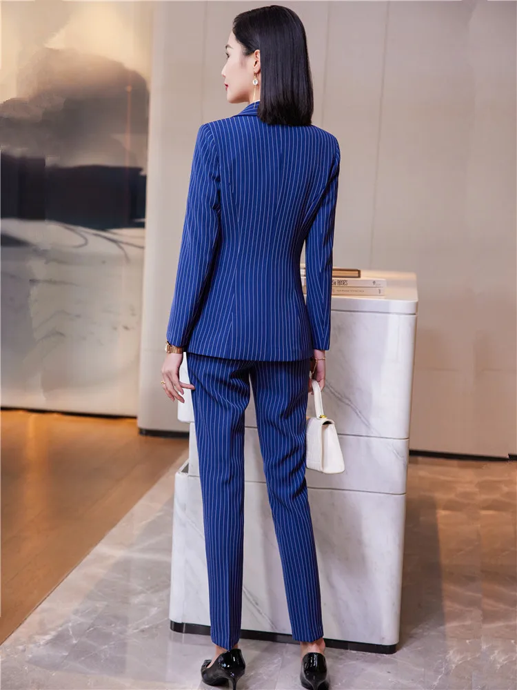 Formal Pant Suit for Women Long Sleeve Blazer and Trousers Blue Striped Suit Office Business Work Wear Lady Fashion 2 Piece Set