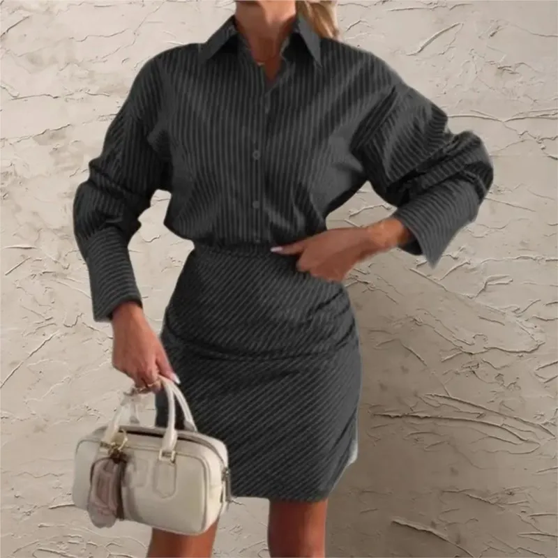 Abito camicia classico con stampa a righe 2025 Nuovo abito aderente a maniche lunghe a vita alta con copertura sui fianchi Primavera Estate Mini abiti eleganti