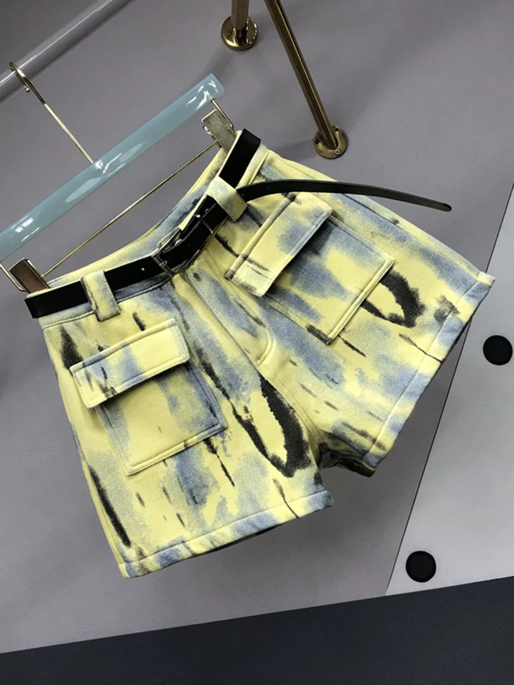 Streetwear Yellow Tie Dye Denim Shorts For Women Fashion Pockets Loose All-match Short Jeans Female 2023 Summer New Trend Y923