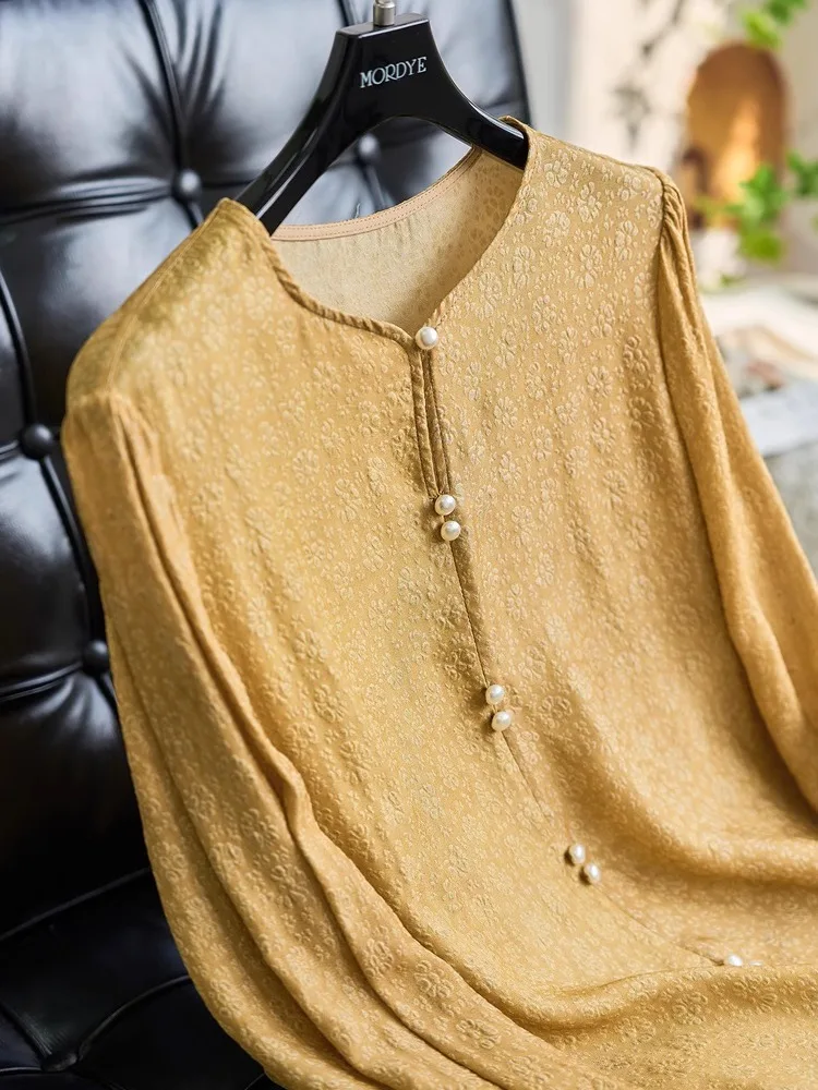 

Yellow Silk Long Sve irt Chinese Sle Floral Embroidery Bead Accents Flared Cuffs Commute Faion Straight Cut V-Ne Top