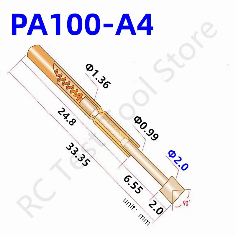 

100PCS PA100-A4 Spring Test Probe PA100-A Test Pin Test Tool 33.35mm Dia1.36mm Gold Needle Tip Dia 2.0mm Pogo Pin P100-A P100-A4