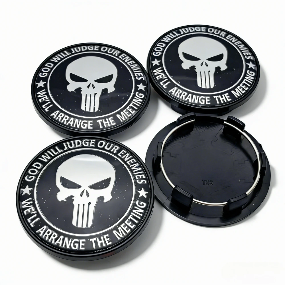4er-Set Totenkopf-Logo-Emblem-Abdeckungen für Radnaben, 69 mm Clips, 56 mm Radnaben-Staubschutzkappen, Felgenabdeckungen, Ersatz-Autozubehör