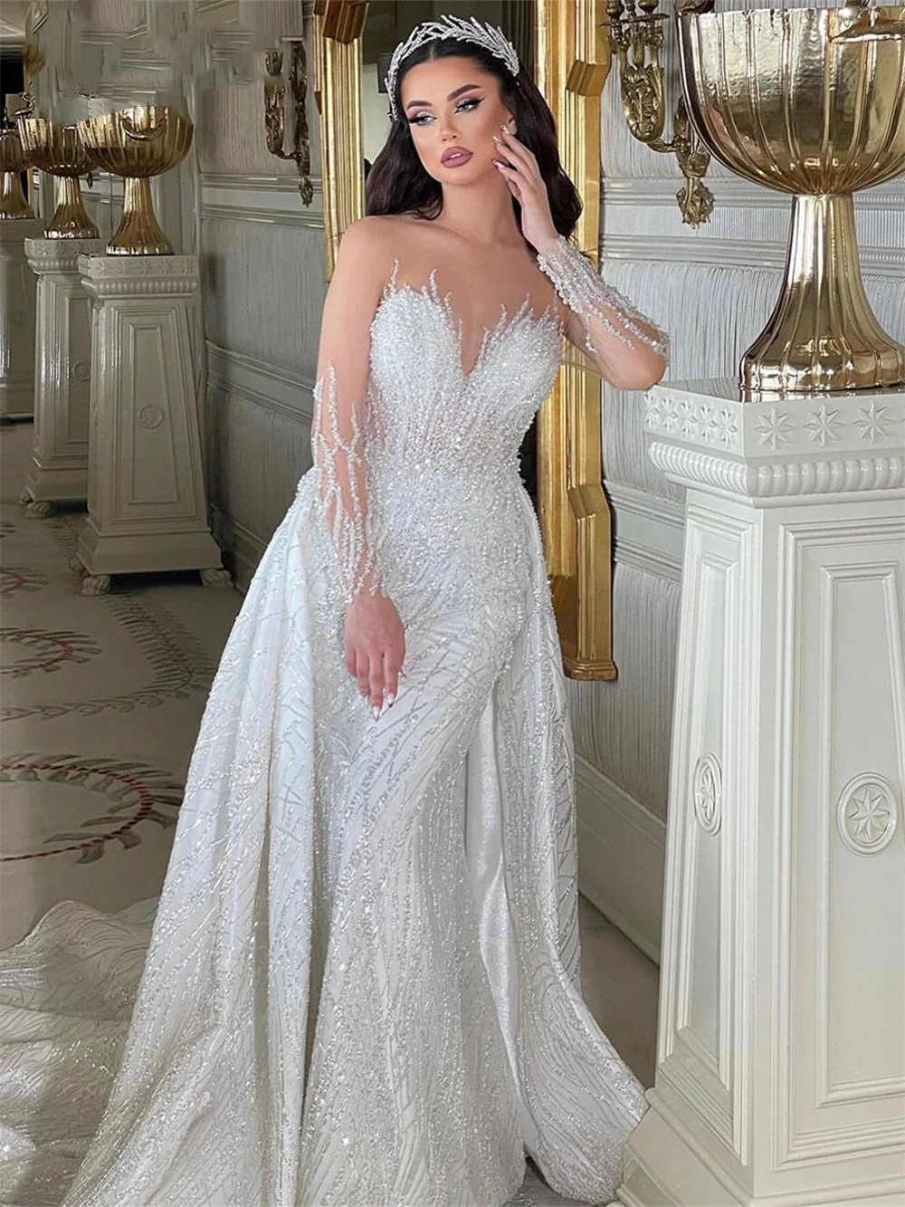 Sheer Neck Beading Bride Dresses 2 in 1 Embroidery Wedding Dress With Illusion Long Sleeve Detachable Train Custom Bridal Gowns