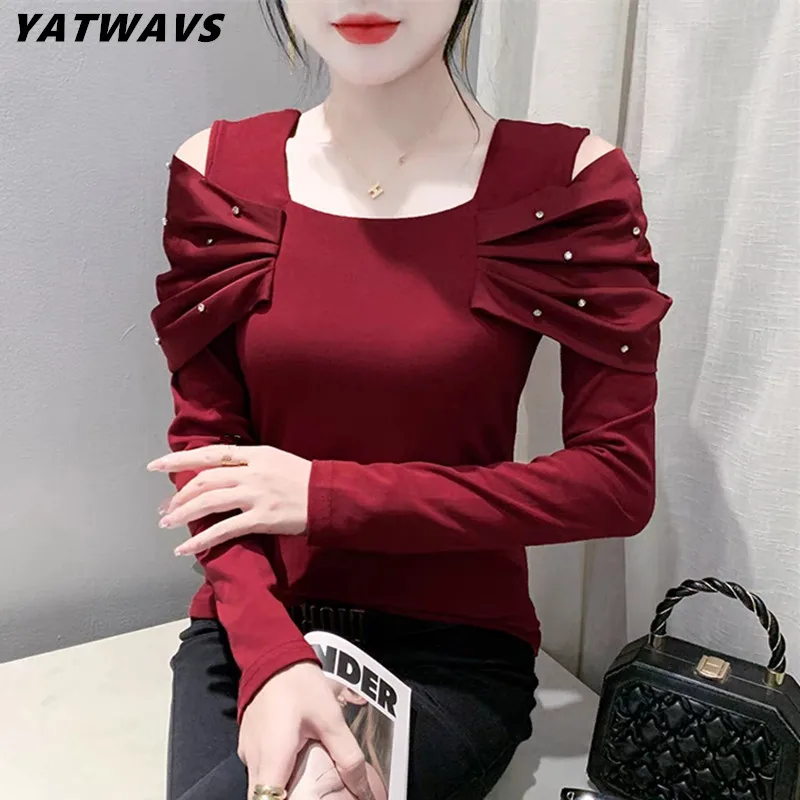 

New Autumn Women's Cotton T-Shirt Sexy Chic Off Shoulder Diamonds Tops Streetwear Ladies Hollow Out Long Sleeve Shirt Tees
